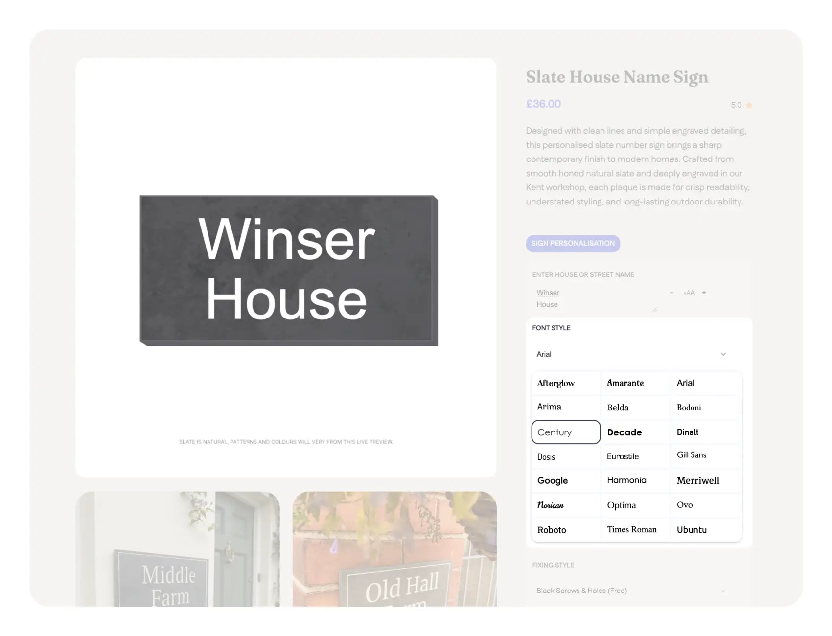 An instructional image illustrating a step in designing a house sign online. The image shows a computer screen displaying a design tool, where users can input and customize text, select fonts, and adjust layout options. Key areas of the interface are highlighted to help guide the user through the design process.