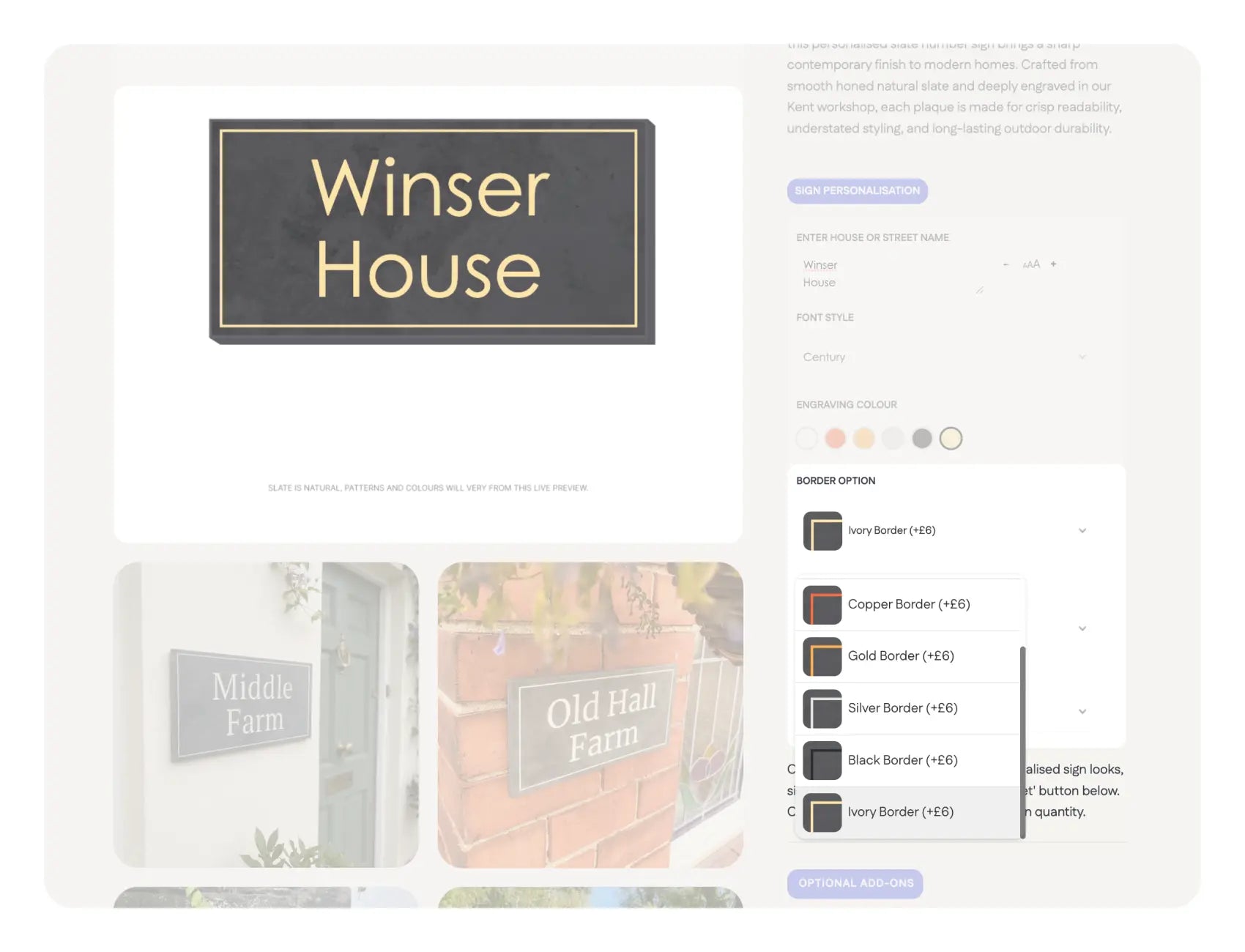 An instructional image showing a step in the online house sign design process. The image features a computer screen with a design interface where users can select and customize options such as text, font, and layout for their house sign. Highlighted sections on the screen guide the user through making specific design choices.