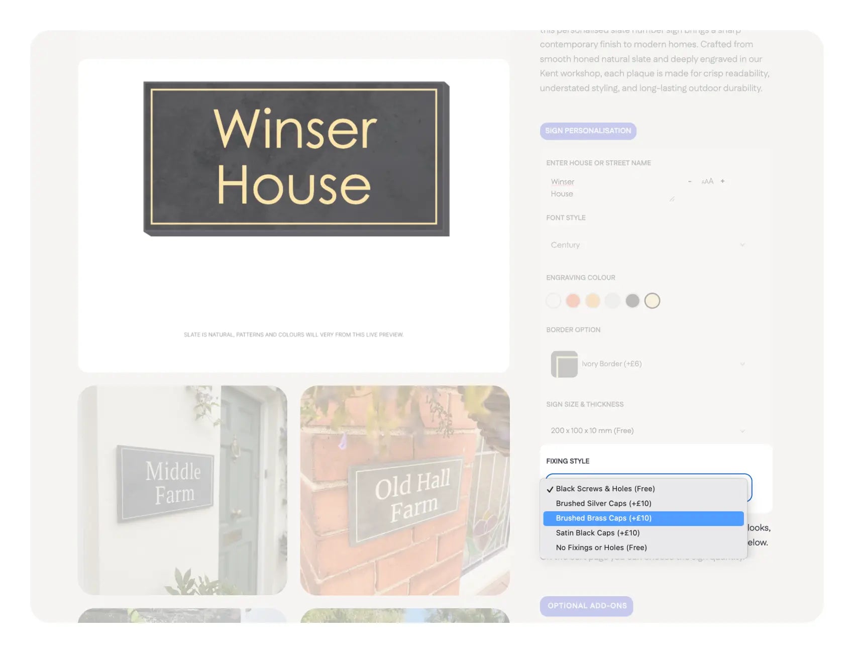 An instructional image showing a step in designing a house sign online. The image features a computer screen displaying a design interface, where users can customize their house sign by choosing options such as text, font, and layout. The screen is the focal point, with highlighted sections guiding the user on how to make selections and preview the design.