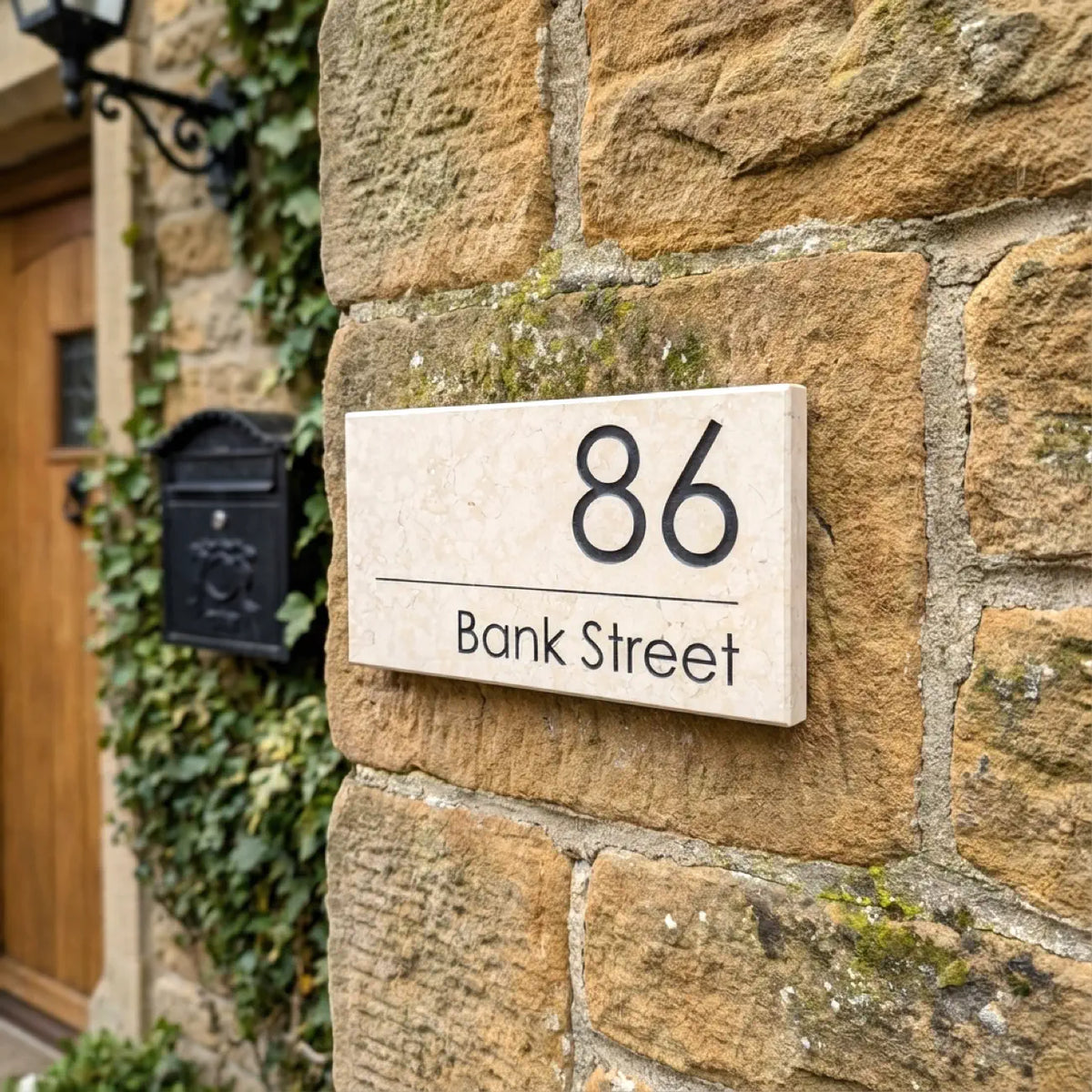 House number 86 Bank Street on a stone wall with a wooden door and mailbox in the background.