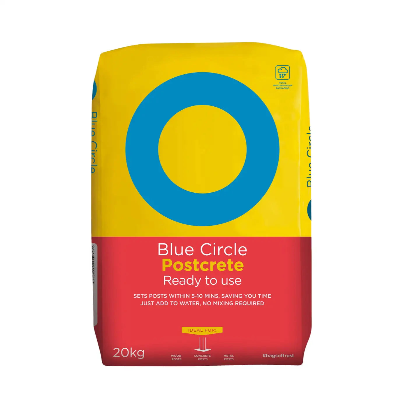Bag of Blue Circle Postcrete on a light blue background