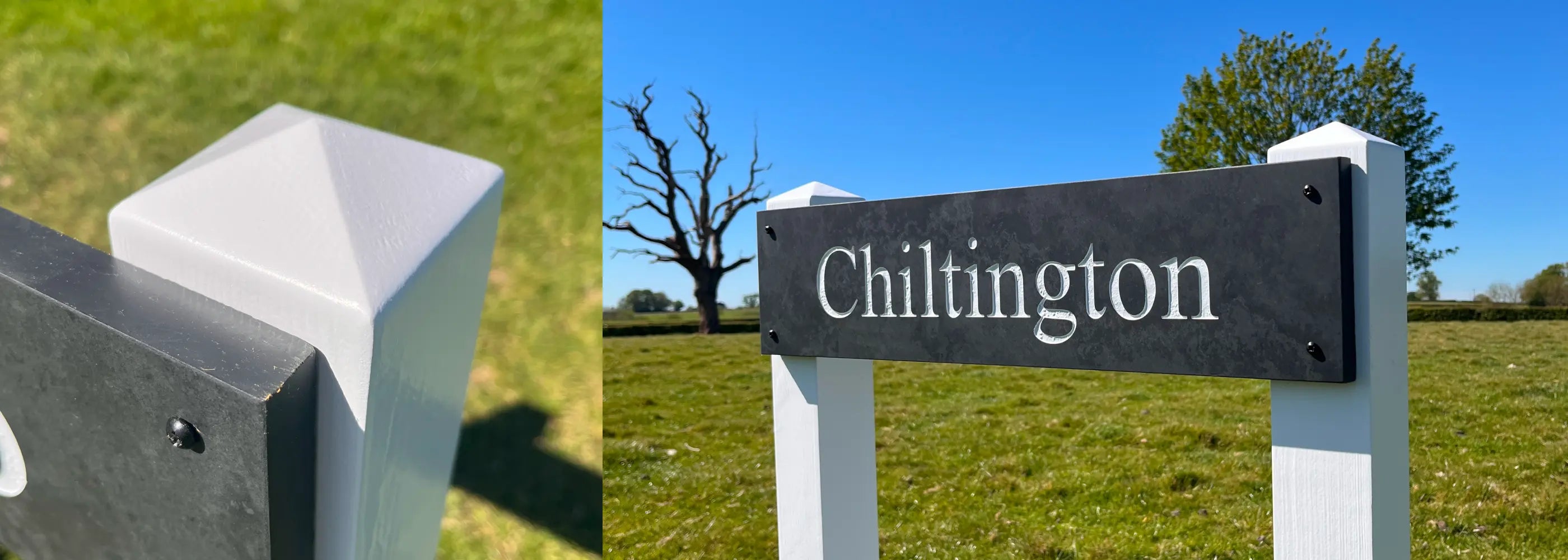 Close-up of a white metal post with a 'Chiltington' sign in a grassy field.