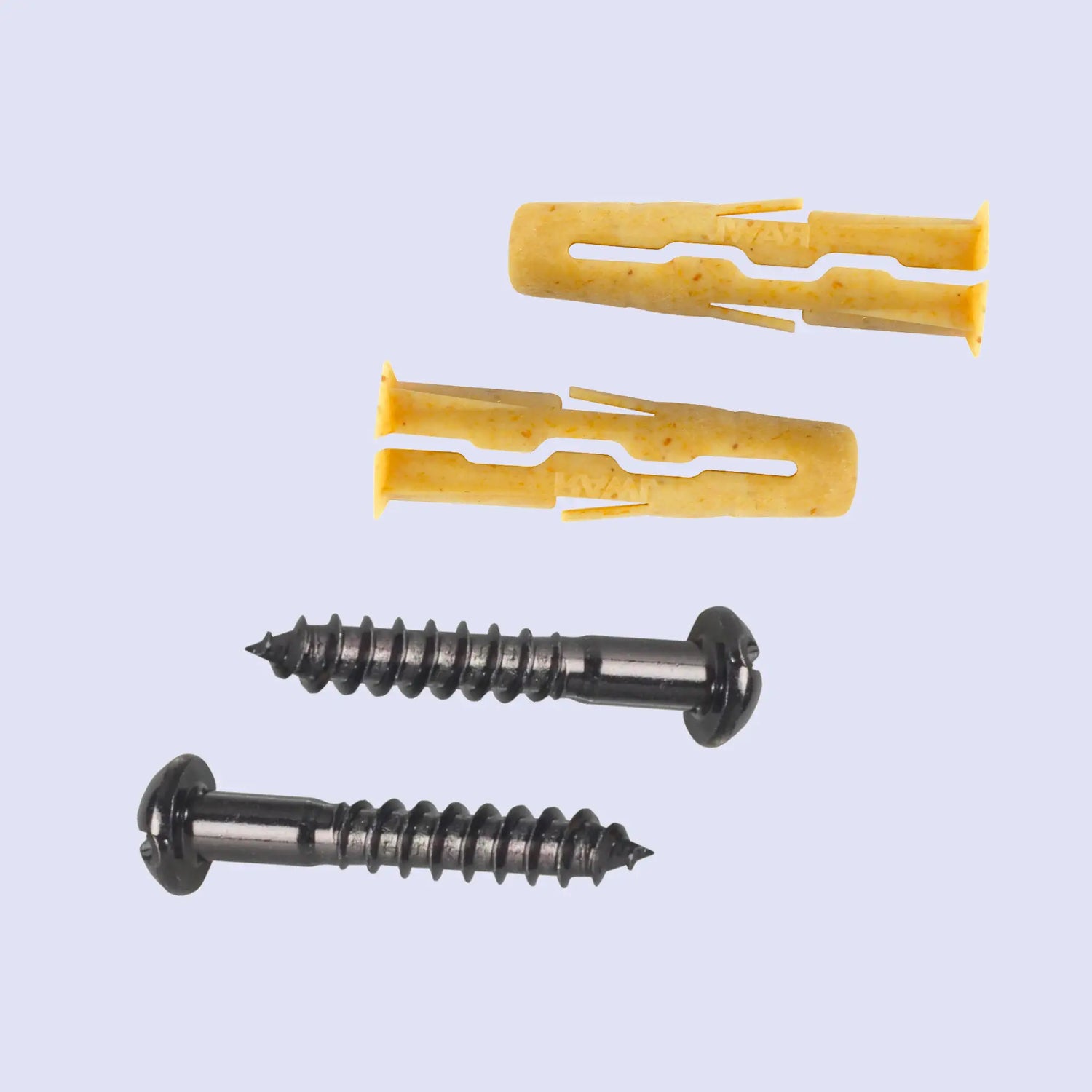two black threaded screws and two yellow wall plugs on a grey background