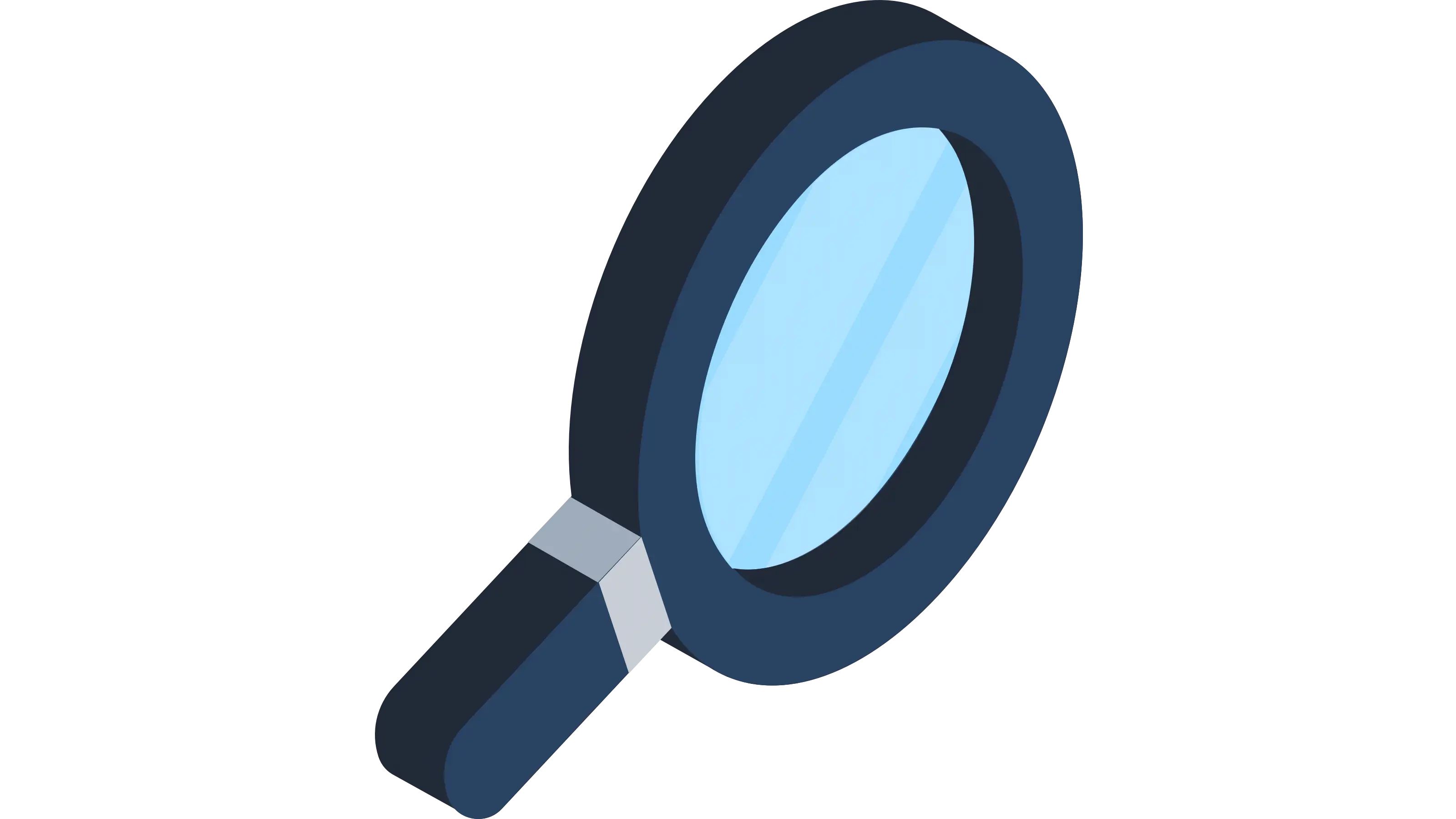 a magnifying glass icon with a dark blue metal design and blue transparent glass