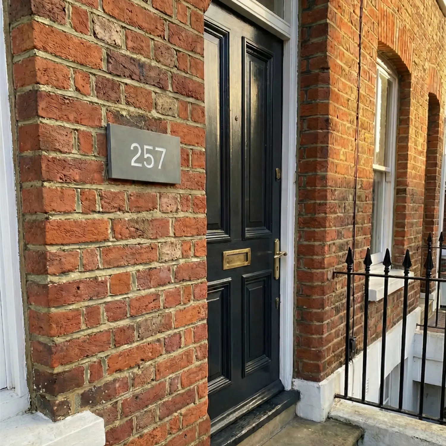  This image shows a rectangular slate sign with the number "1413" in white font mounted on a red brick wall at the corner of a building. The building features black metal fire escape stairs and balconies.