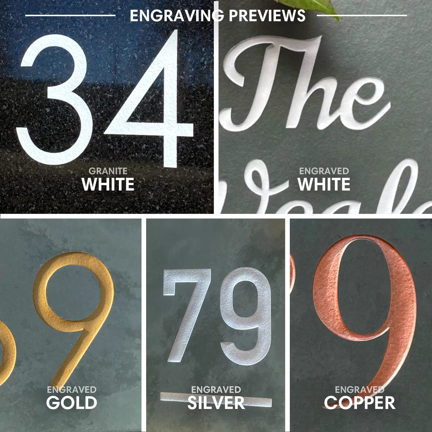 5 Previews of all the lettering colours we offer on our slate and granite house signs in 2024