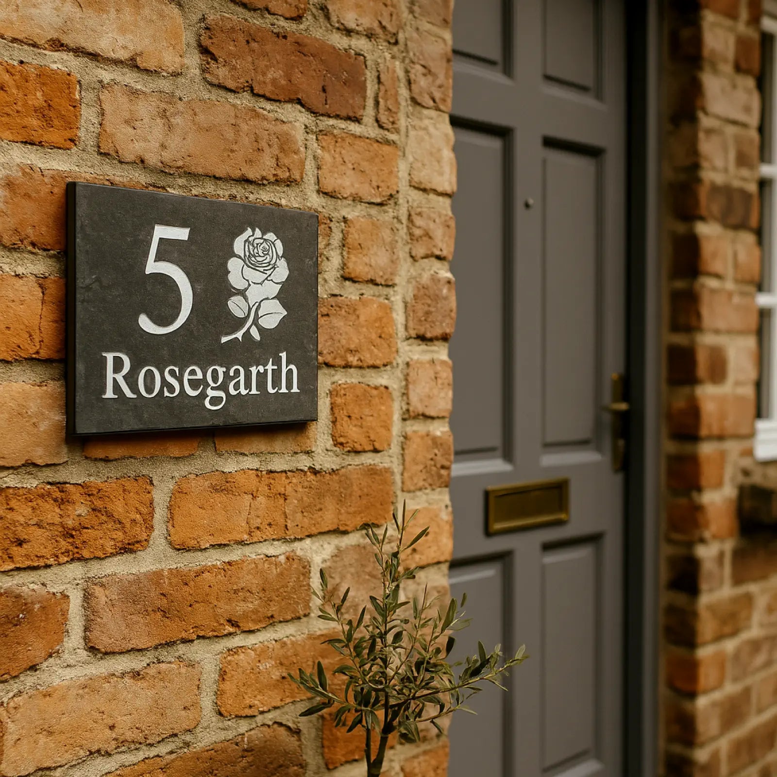 House number sign '5 Rosegarth' on a brick wall with a door in the background