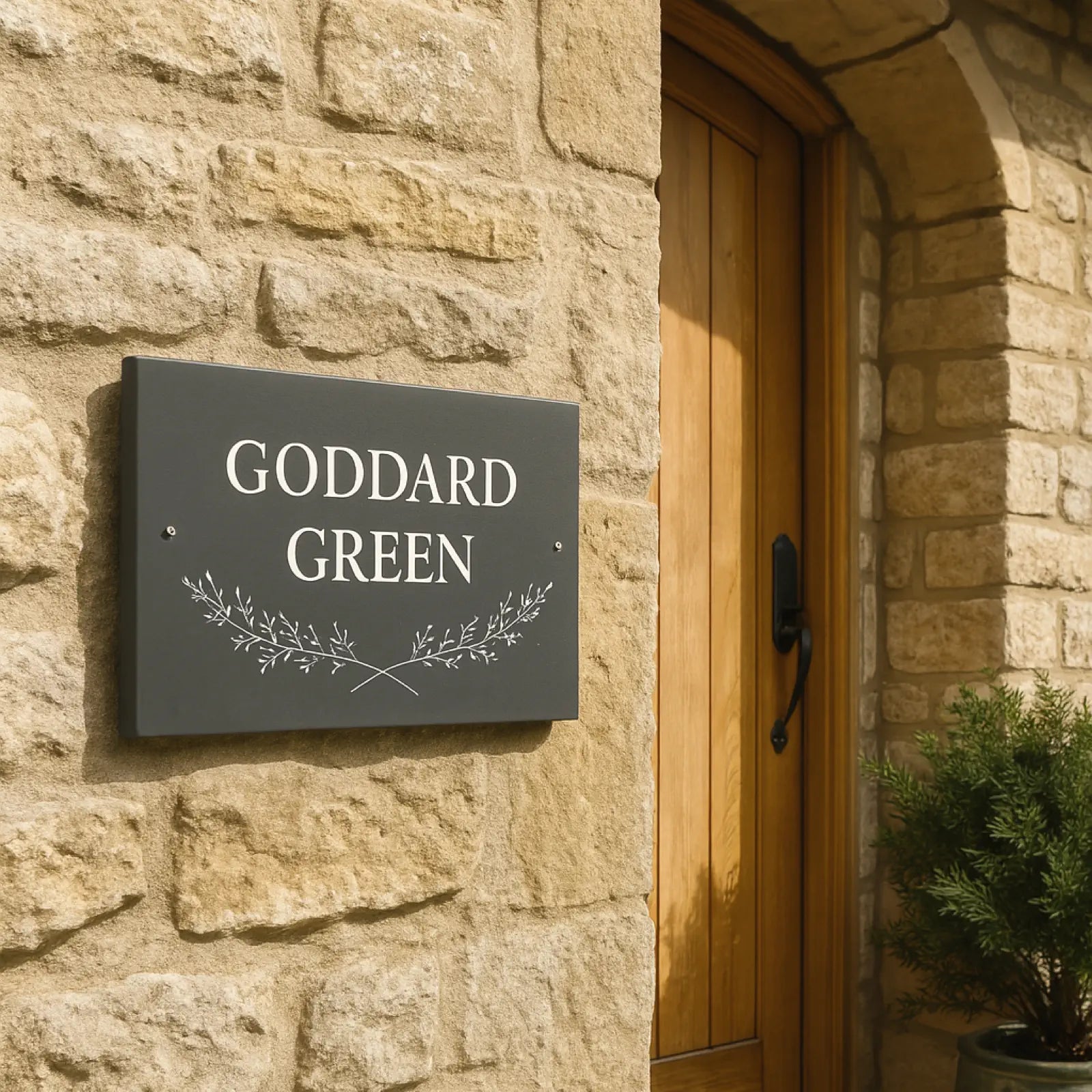 The image shows a slate house sign with the text “GODDARD GREEN” in white uppercase letters, mounted on the corner of a brick wall. Below the text is a crossed sprig design. The sign 
