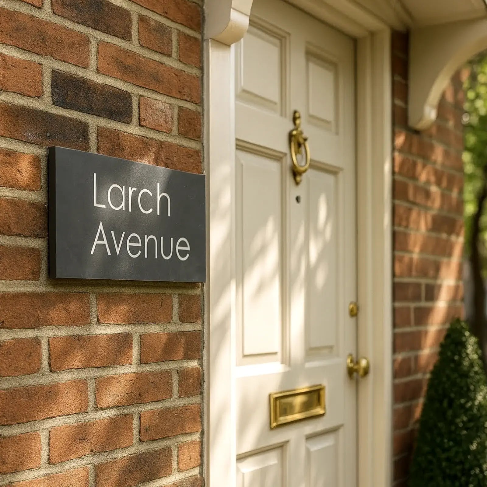 A rectangular slate house sign mounted on a brick wall, with the words 'Larch Avenue' engraved on it.