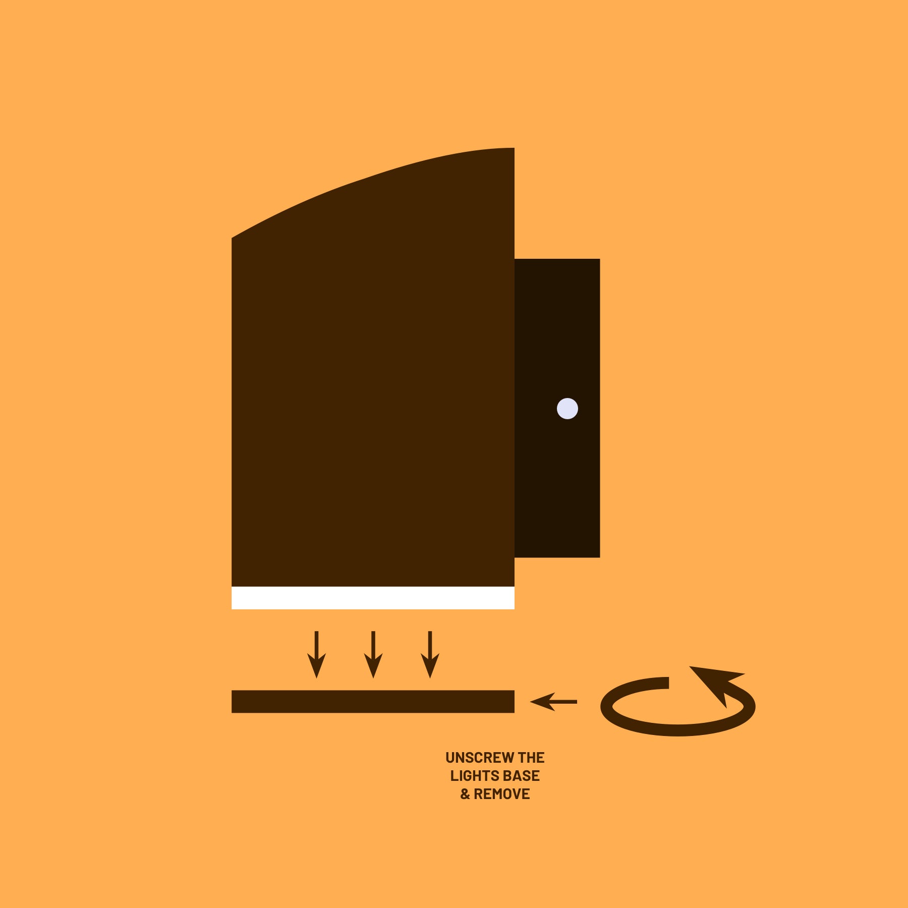 The image shows an instructional graphic demonstrating the process of removing a solar light from its base. The light is shown detached from its bracket, with downward arrows indicating that the base should be unscrewed and then removed. A circular arrow indicates the direction for unscrewing. The text below the image reads, "UNSCREW THE LIGHT'S BASE & REMOVE," guiding the user through the process of detaching the solar light from the wall-mounted bracket.