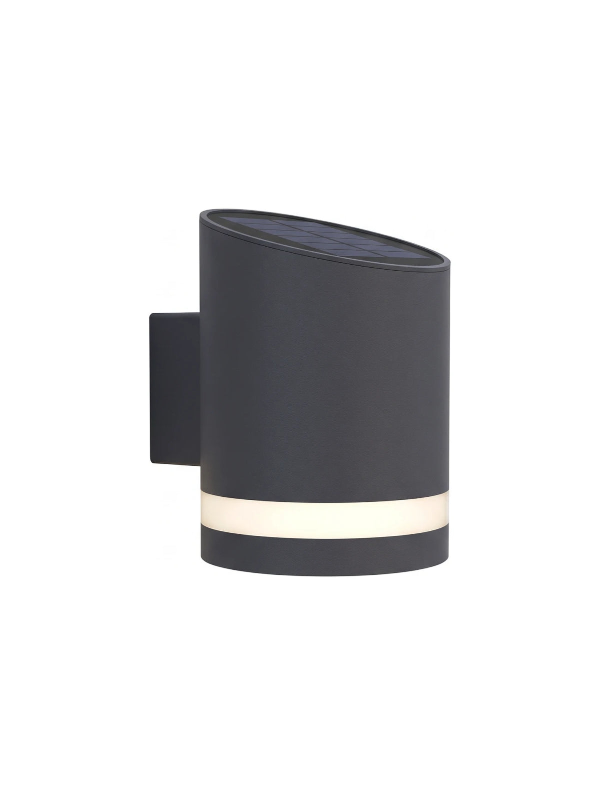 A modern, dark grey, cylindrical solar-powered outdoor wall light mounted on a vertical wooden panel wall with a striped pattern. To the left of the light fixture, there is a green plant with round leaves, adding a touch of nature to the setting. The sleek design of the light complements the natural wood texture and greenery.