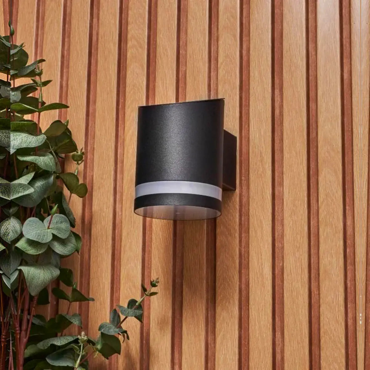 A modern, dark grey, cylindrical solar-powered outdoor wall light mounted on a vertical wooden panel wall with a striped pattern. To the left of the light fixture, there is a green plant with round leaves, adding a touch of nature to the setting. The sleek design of the light complements the natural wood texture and greenery.
