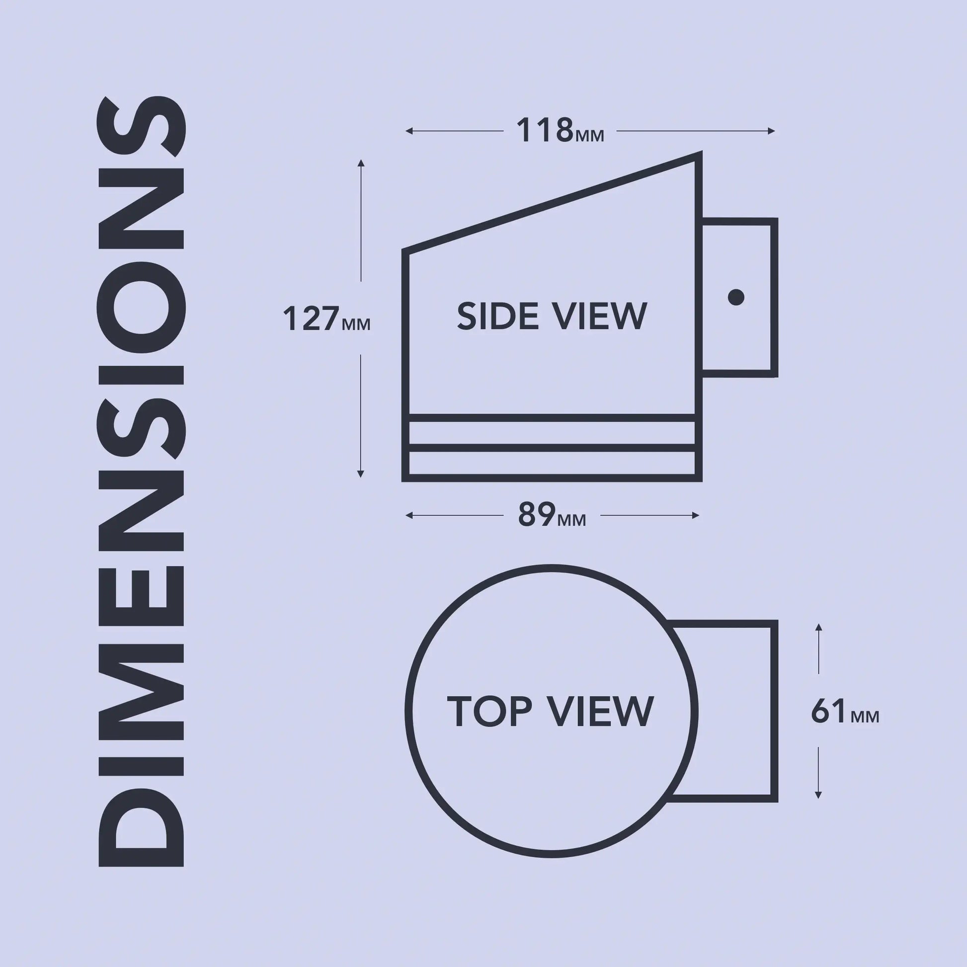 A technical drawing showing the dimensions of a solar-powered outdoor wall light. The drawing includes two views: a side view and a top view. The side view indicates a height of 127 mm, a width of 89 mm, and a depth of 118 mm. The top view shows a circular design with a diameter of 61 mm for the base and 89 mm for the top section. The word "DIMENSIONS" is vertically written on the left side of the image.