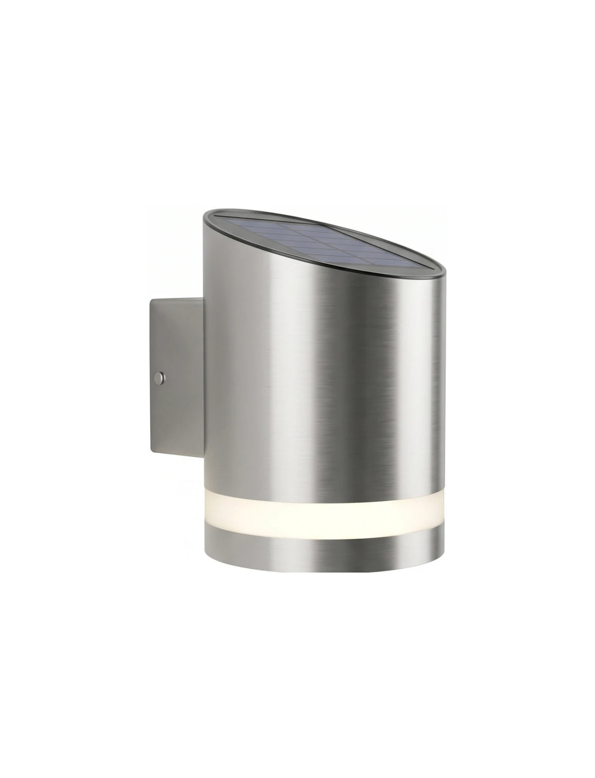 A sleek, modern, cylindrical solar-powered outdoor wall light with a brushed metal finish, mounted on a vertical wooden panel wall with a striped pattern. To the left of the light, there is a green plant with round leaves, adding a touch of natural greenery to the scene. The light fixture has a contemporary design that complements the wooden texture of the wall.