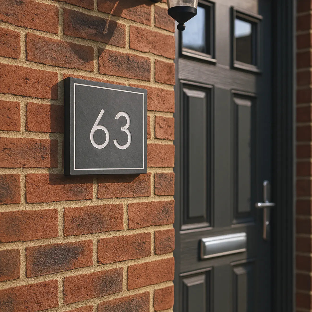 House number '63' on a brick wall next to a door