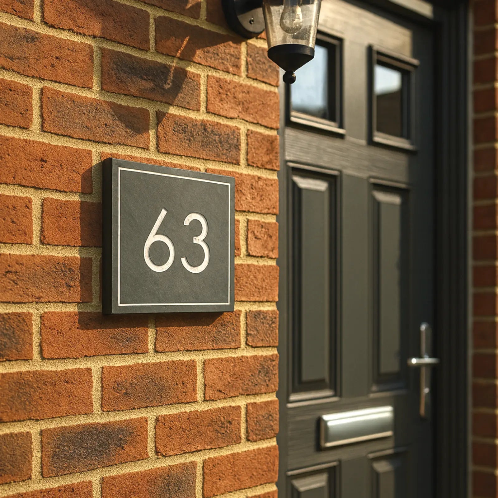 House number '63' on a brick wall next to a door