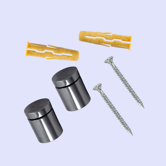 2 steel stand offs, 2 silver screws and 2 yellow wall plugs on a light grey background