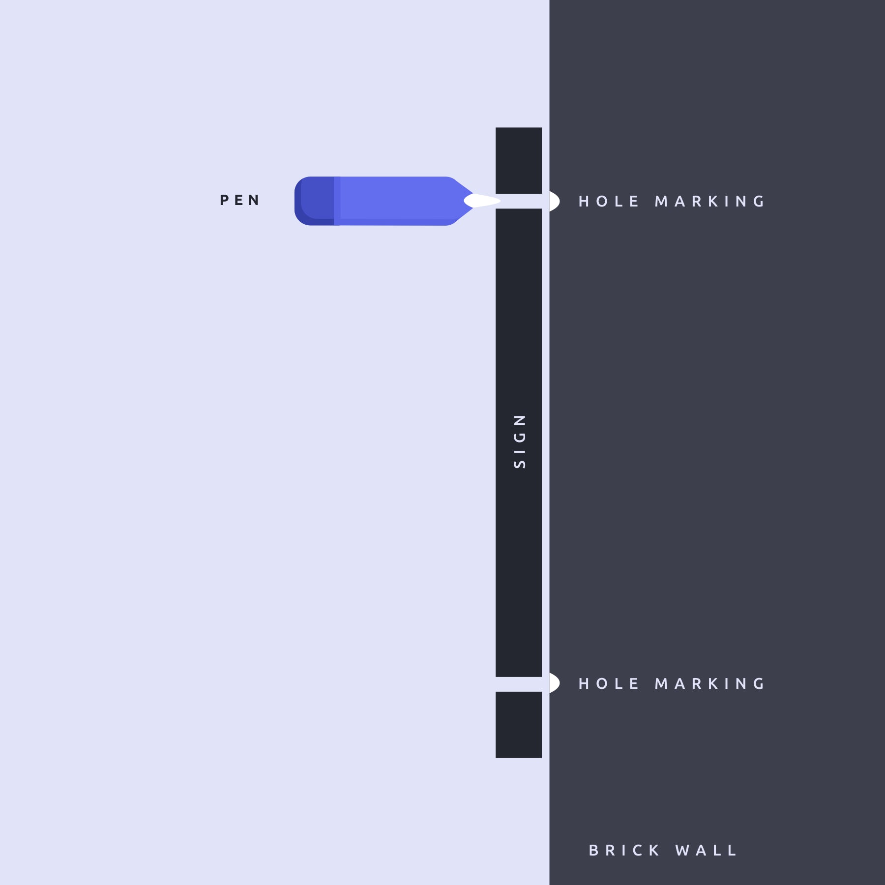 Simple step-by-step instructions for installing a standoff fixing, showing a hand placing a screw into the standoff base attached to the wall, followed by securing the cap to hold the panel in place.