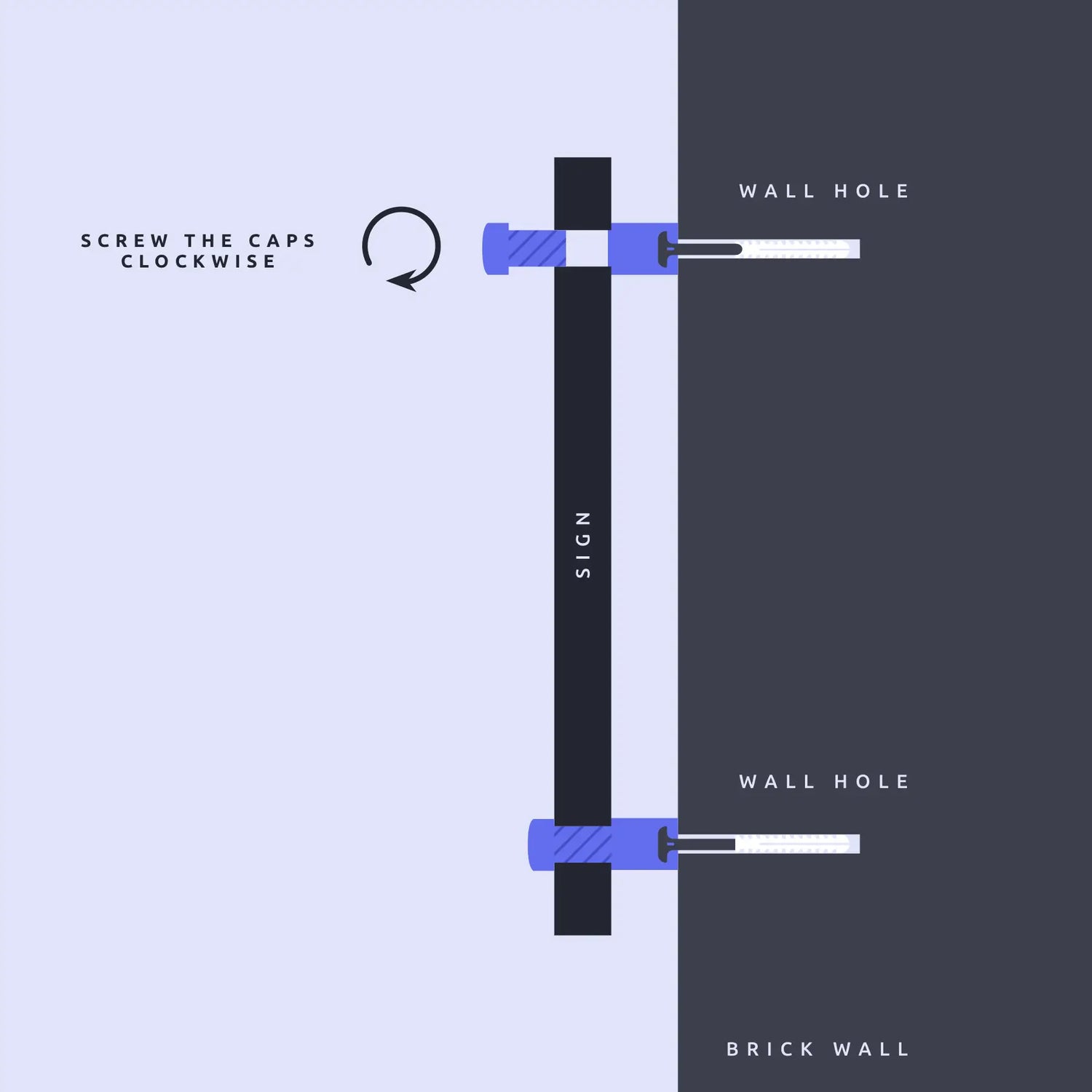 Step-by-step guide for mounting a standoff fixing: attaching a standoff base to the wall, securing it with a screw, placing a panel onto the base, and fastening it with a cap.