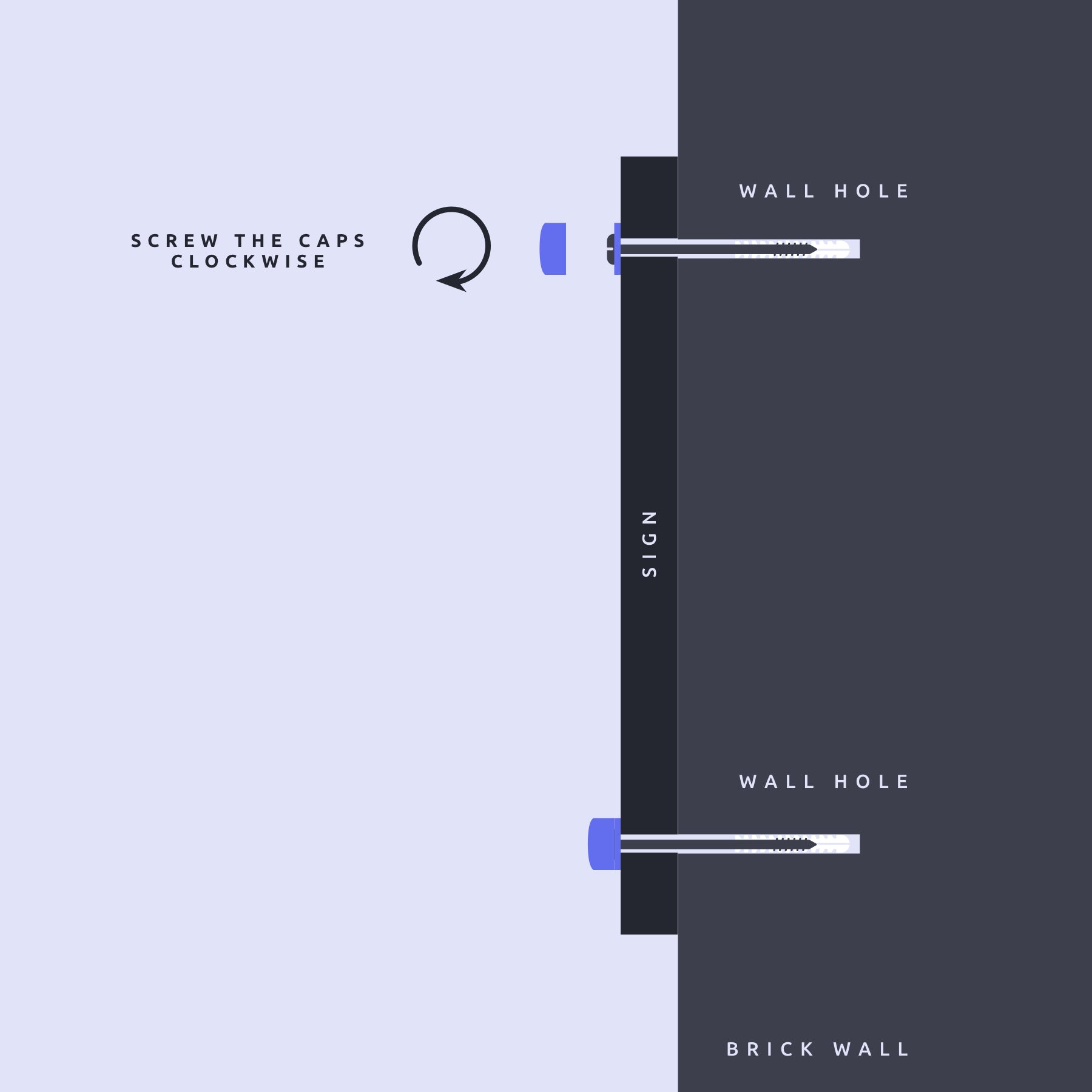 Step-by-step guide for mounting a standoff fixing: attaching a standoff base to the wall, securing it with a screw, placing a panel onto the base, and fastening it with a cap.