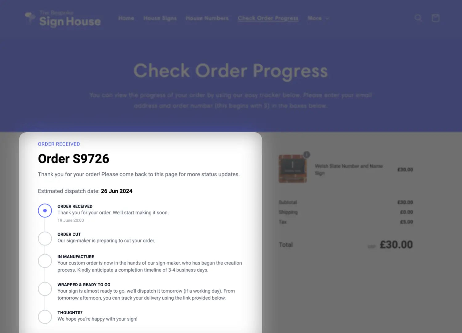 screenshot overview of the bespoke sign house's order status tracker