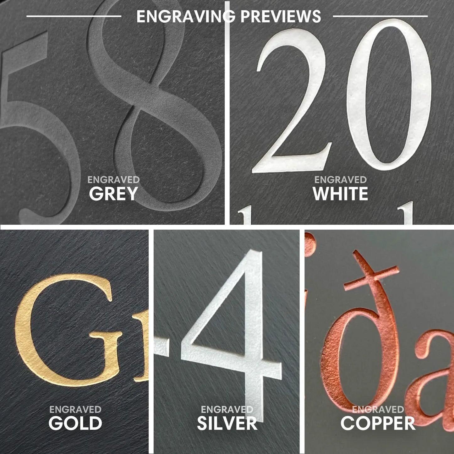 5 Previews of all the lettering colours we offer on our welsh slate house signs in 2024