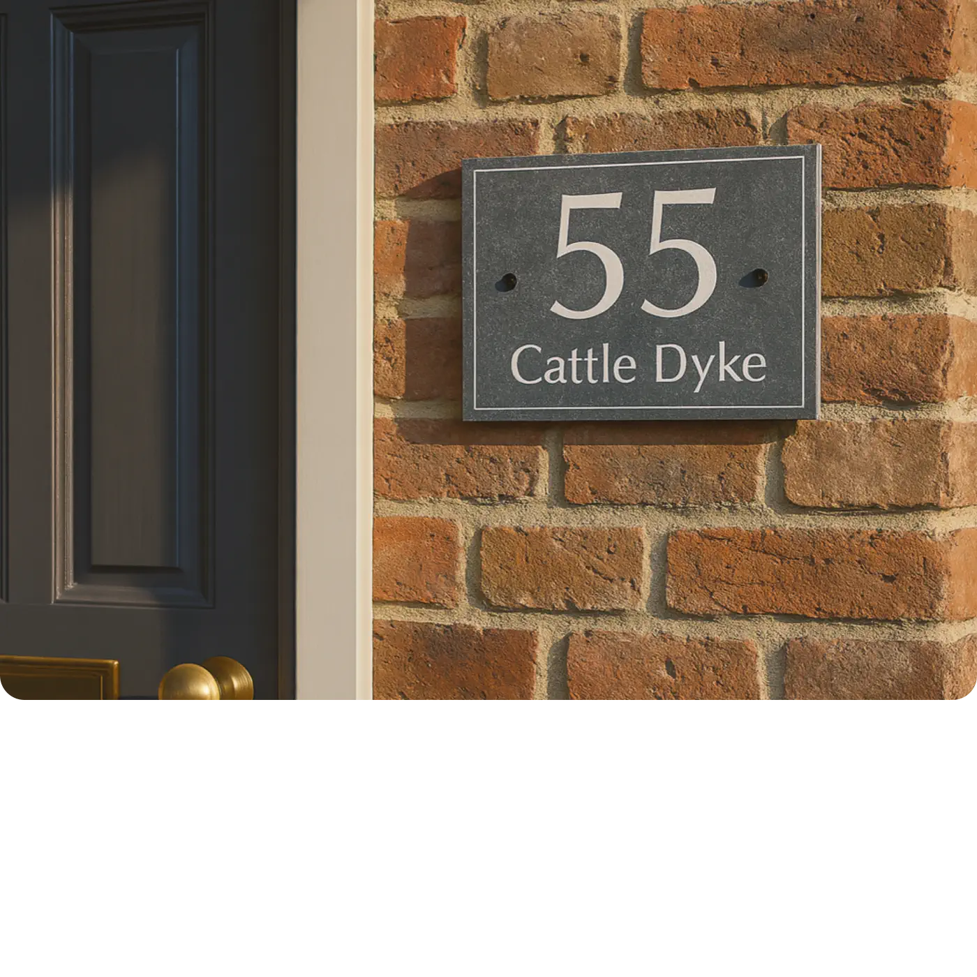 House number sign '55 Cattle Dyke' on a brick wall next to a door.